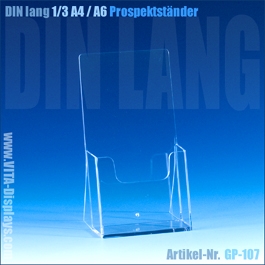 Flyerständer DIN lang von VITAdisplays® Transparenter Flyerständer im Format DIN lang von VITAdisplays® zur Verkaufsförderung am Point of Sale.