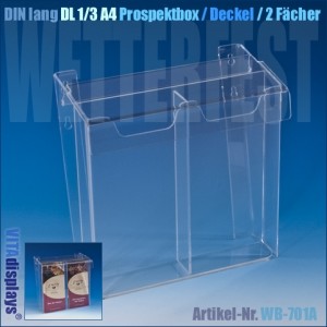 Transparenter Prospekthalter aus Plexiglas®  von VITAdisplays® mit Deckel und zwei Fächern.