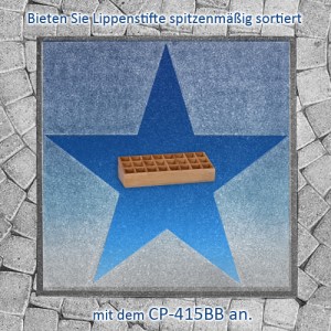 Bieten Sie Lippenstifte spitzenmäßig sortiert mit dem CP-415BB an. Die Abbildung zeigt ein Pflaster, in welchem eine Steinplatte in Sternform, ähnlich dem Walk of Fame, eingelassen ist. Dieser Stern ist blau gefärbt und zeigt mittig einen Lippenstiftständer, der aus Bambus gefertigt ist.