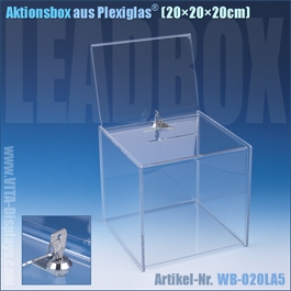 Die Abbildung zeigt eine transparente Losbox aus Acryl für Aktionen zur Kundenbindung, die mit einem Schloß vor unbefugtem Zugriff gesichert ist. Zusätzlich verfügt die Losbox über ein Top-Schild mit dem Informationen gut sichtbar präsentiert werden können.