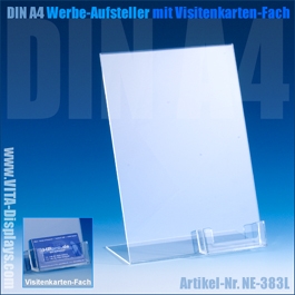 Multifunktionaler Werbeaufsteller von VITAdisplays® Die Abbildung zeigt einen Werbeaufsteller aus Acryl mit zusätzlichem Visitenkartenfach. Auf diese Weise können Informationen und Visitenkarten gleichzeitig und direkt nebeneinander präsentiert werden.