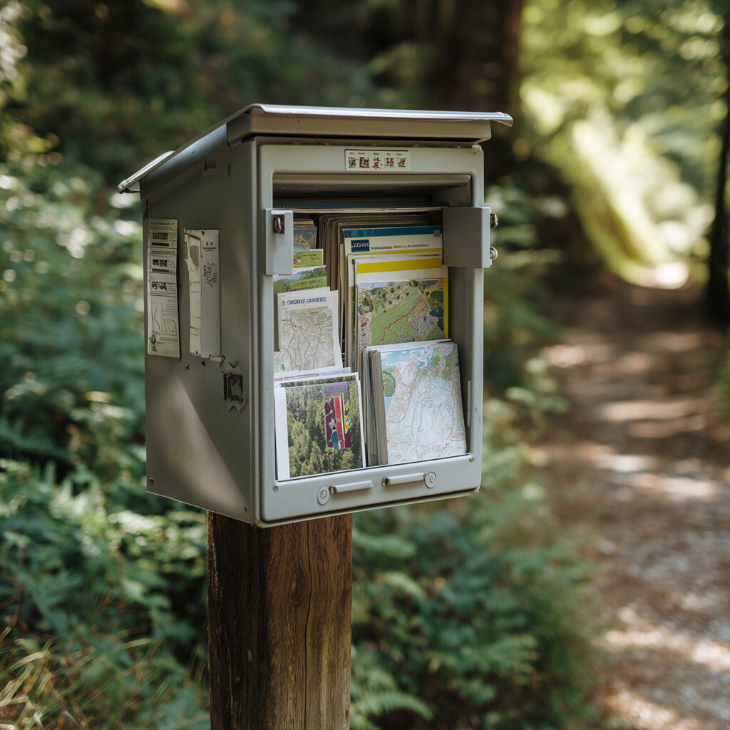 Prospektbox wetterfest mit Deckel an Holzpfosten auf Wanderweg, Karten und Flyer sichtbar, Naturhintergrund mit Bäumen und Wegschild.