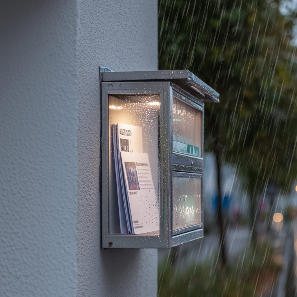 Prospektbox mit Deckel unter kleinem Dachvorsprung, Regen fällt im Hintergrund, trockene Flyer im Inneren sichtbar.