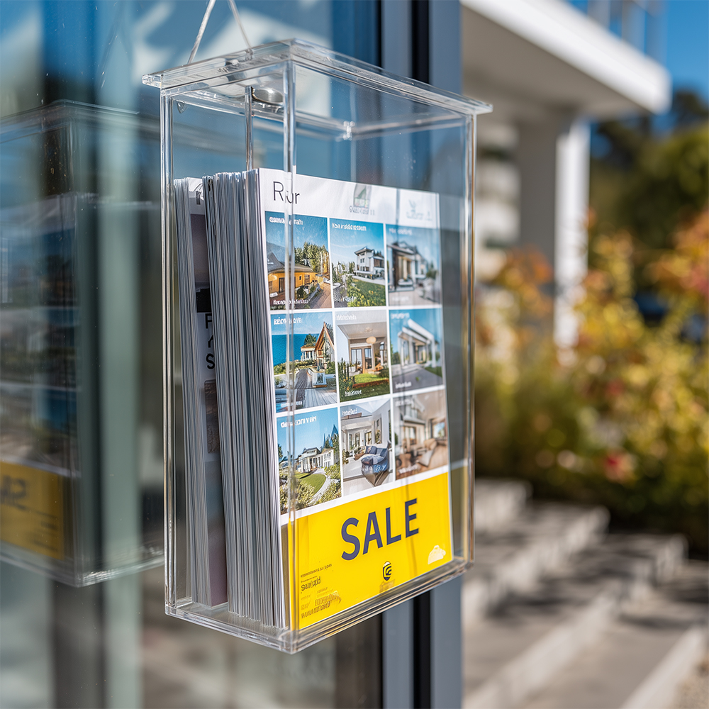 Große A4-Prospektbox mit Deckel an Haustür, Exposés sichtbar, Schild ‚Zu verkaufen‘ daneben, Sonne beleuchtet klare Front.
