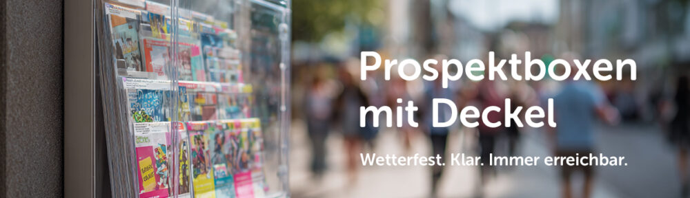 Transparenter Prospekthalter mit Deckel in der Fussgängerzone