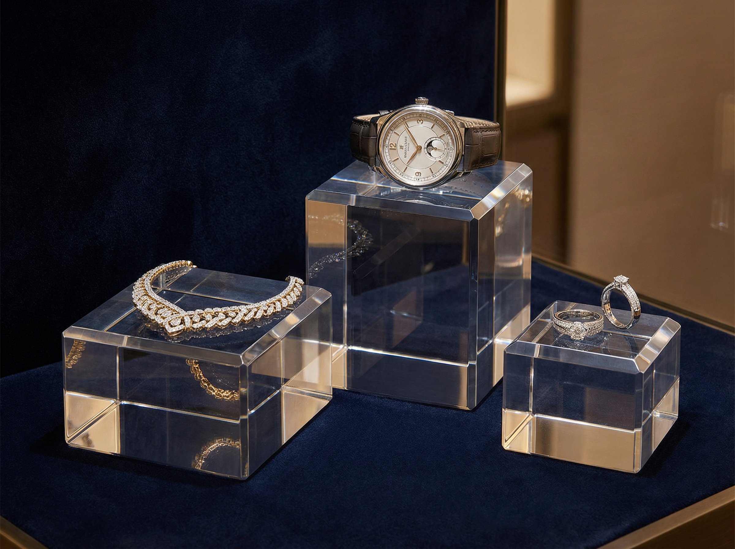 Acrylblöcke aus PLEXIGLAS als Schmuckdisplay in einer Juwelier-Vitrine