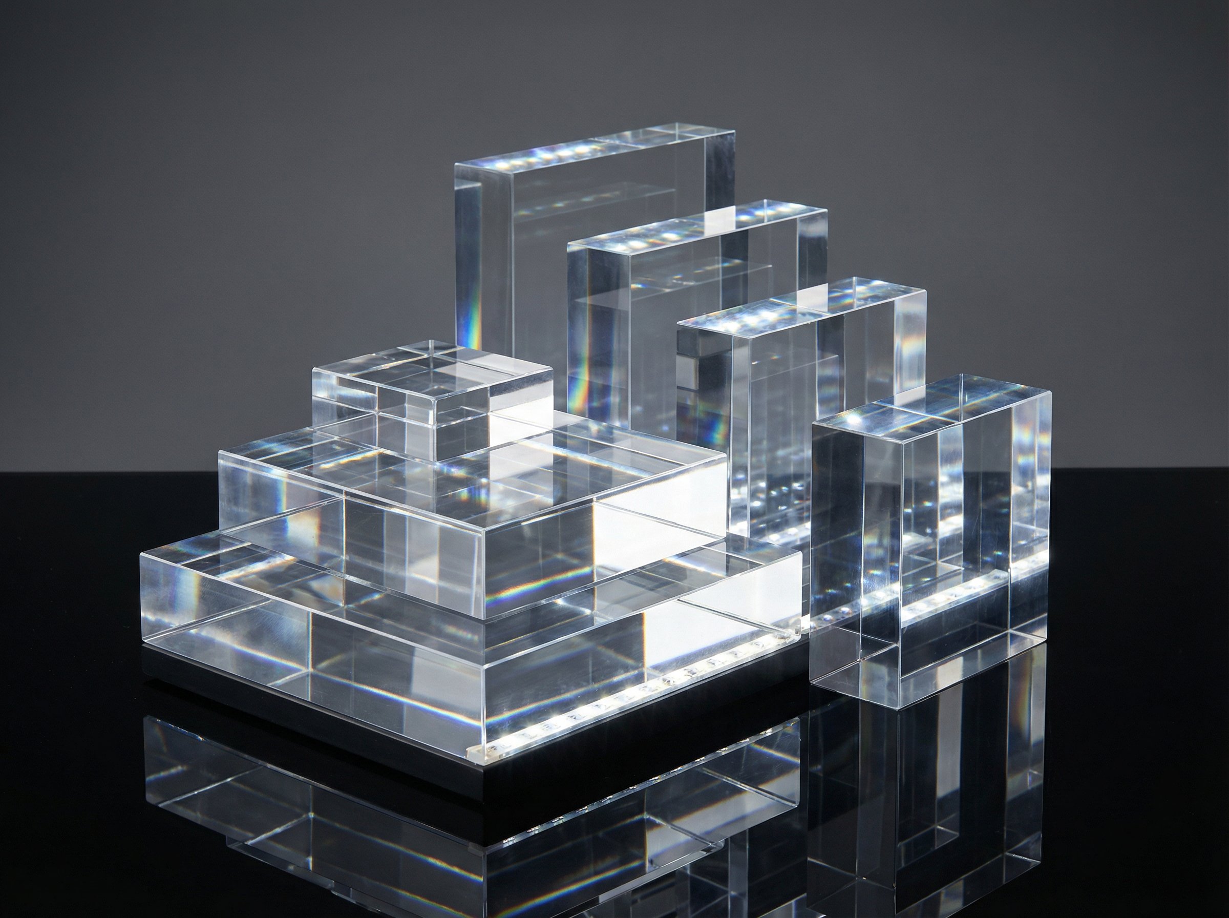 Präsentationslandschaft aus verschiedenen Acrylblöcken in unterschiedlichen Größen