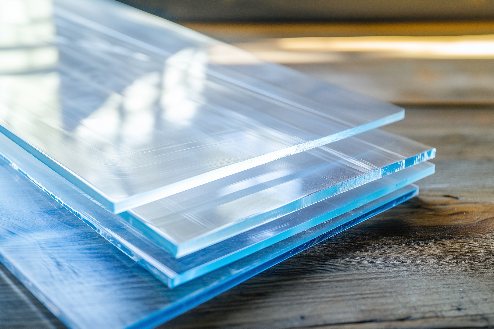 Acrylglas Platten verschiedener Stärken gestapelt auf einem Holztisch – transparentes PLEXIGLAS Material