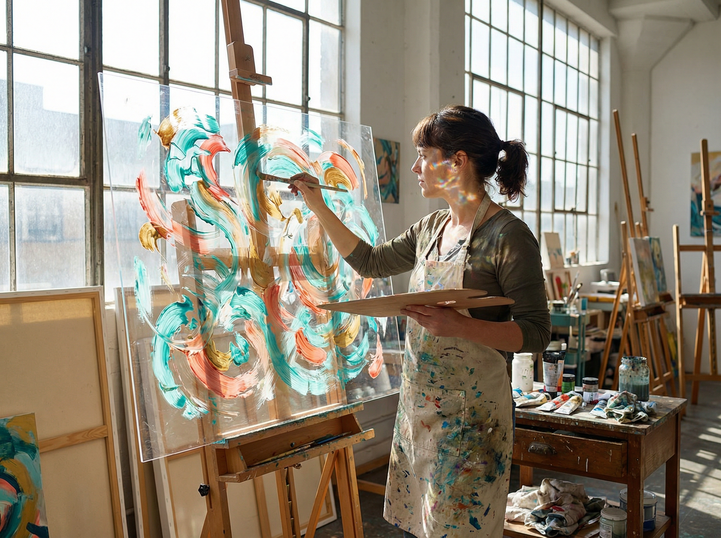 Künstlerin malt mit Acrylfarben auf transparenter Acrylglas-Platte