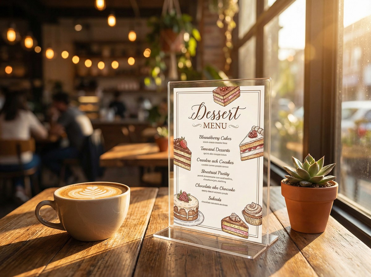 Tischaufsteller mit Dessertkarte im Café – Menükartenhalter aus PLEXIGLAS®