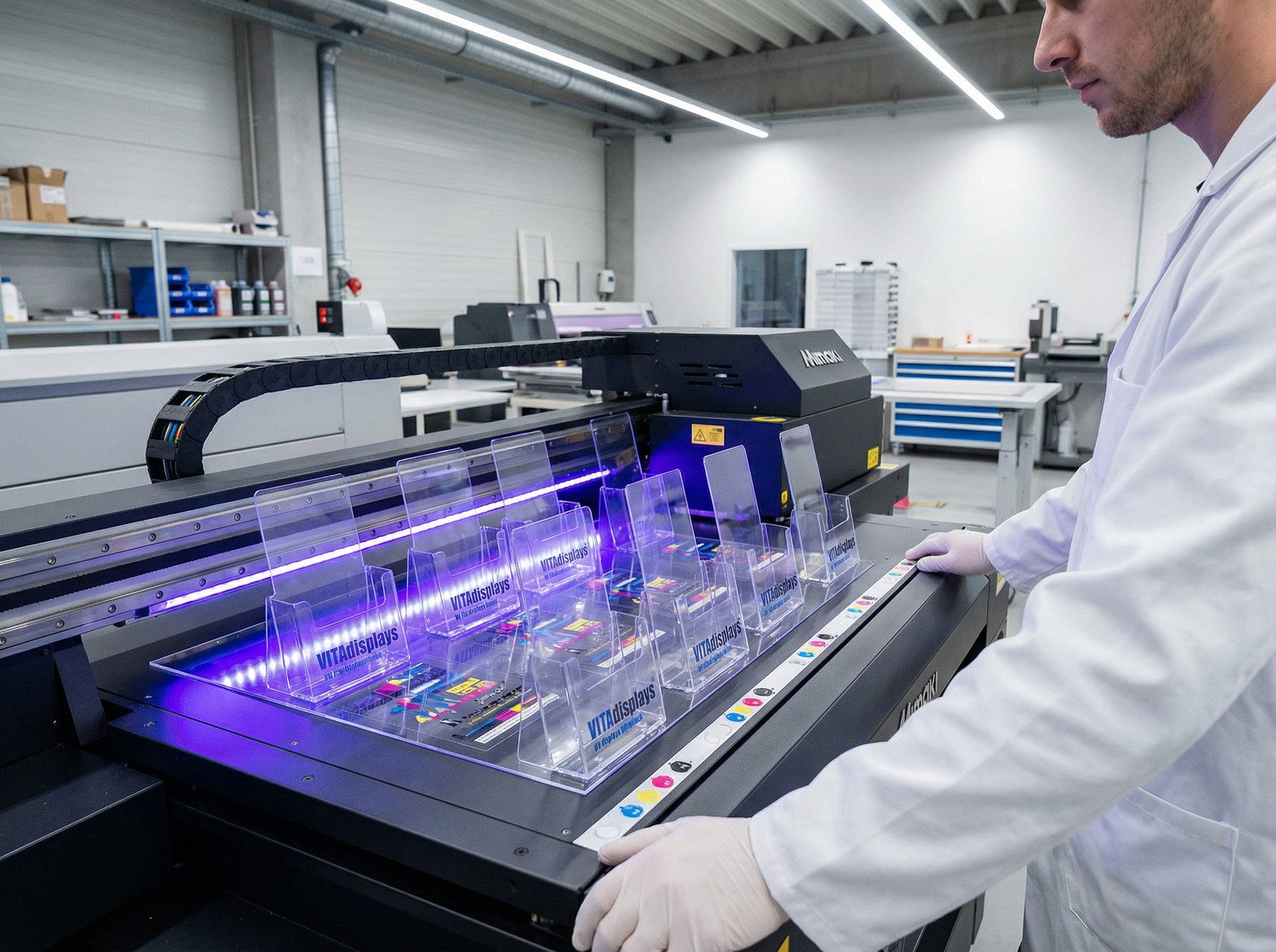 UV-Direktdruck auf Prospektständern mit Mimaki Flachbettdrucker – UV-LED-Licht härtet die Tinte