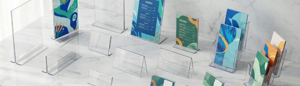 Verschiedene Tischaufsteller aus PLEXIGLAS® – L-Ständer, T-Ständer und Preishalter auf Marmorfläche