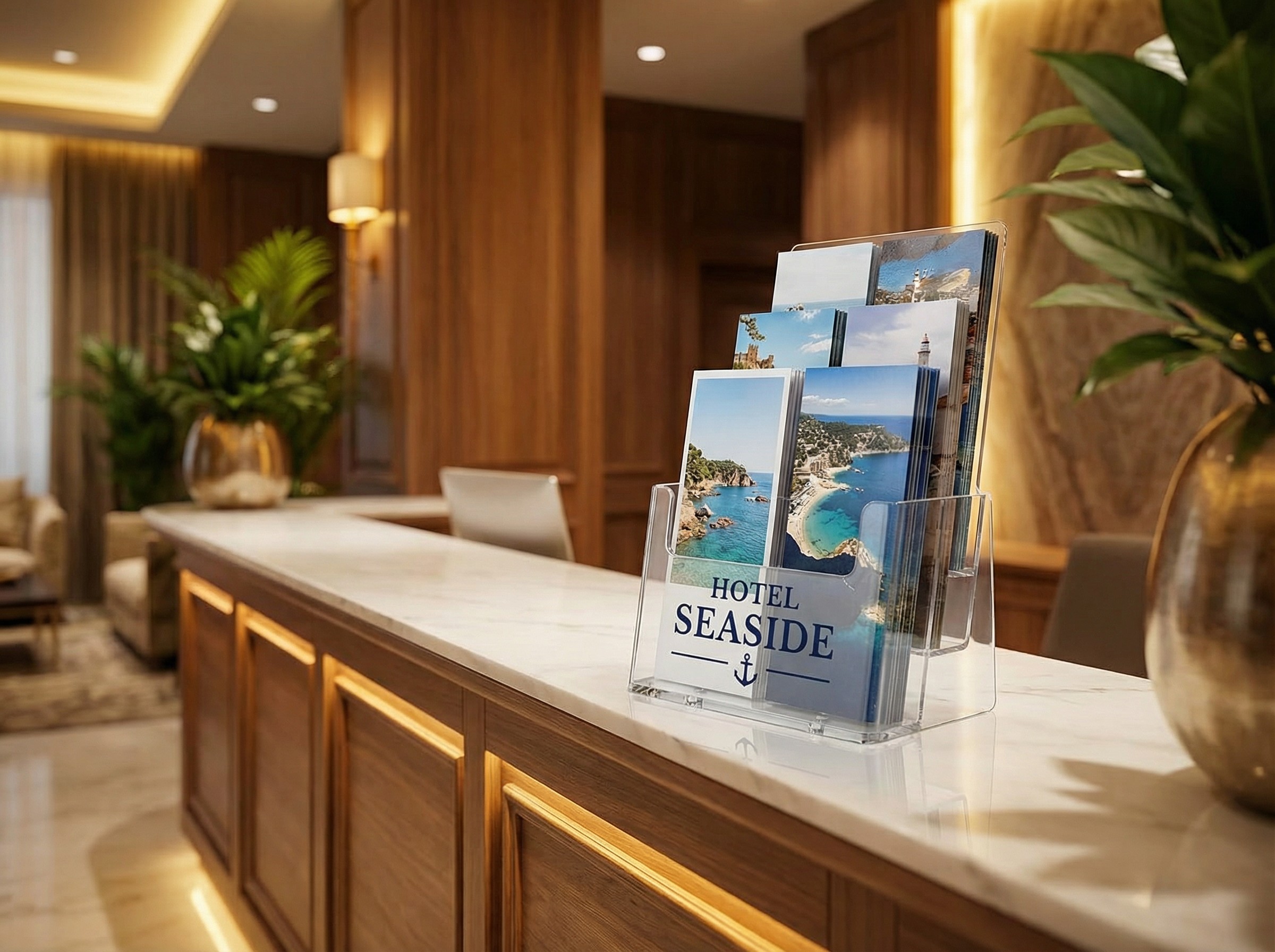 Bedruckter Prospektständer mit Logo in einem eleganten Hotel-Foyer