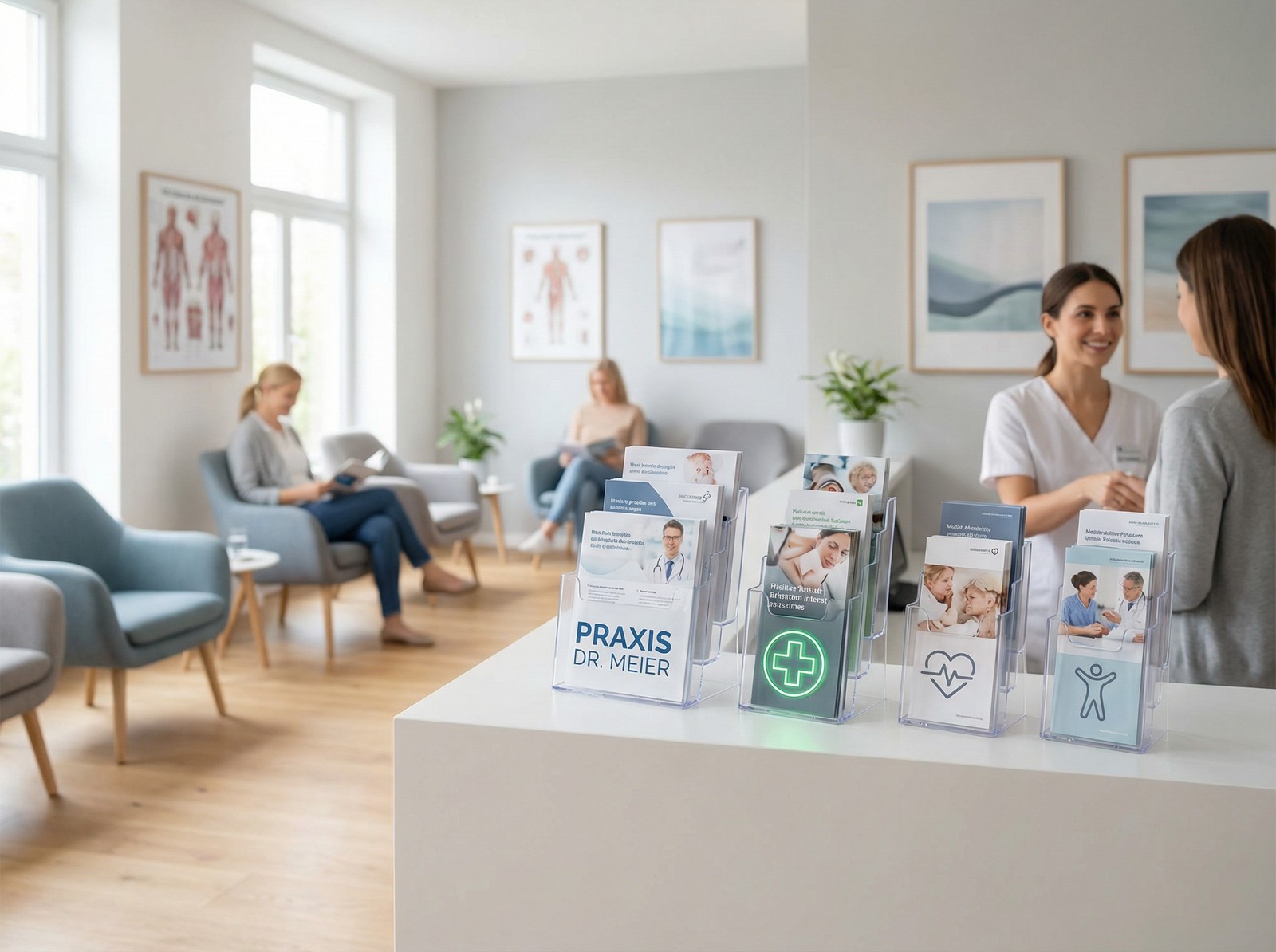 Bedruckte Prospektständer mit Praxis-Branding im Wartezimmer einer modernen Arztpraxis