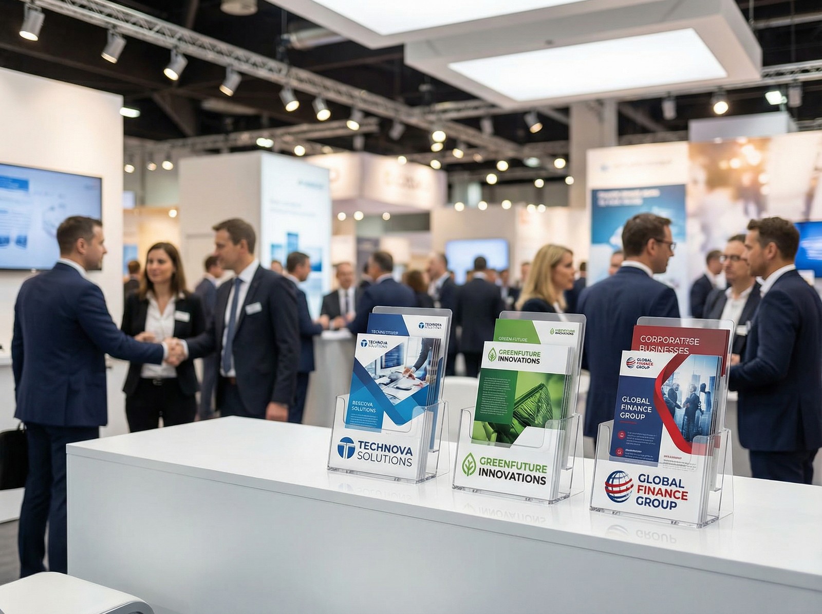 Bedruckte Prospektständer mit Corporate Design auf einem belebten Messestand