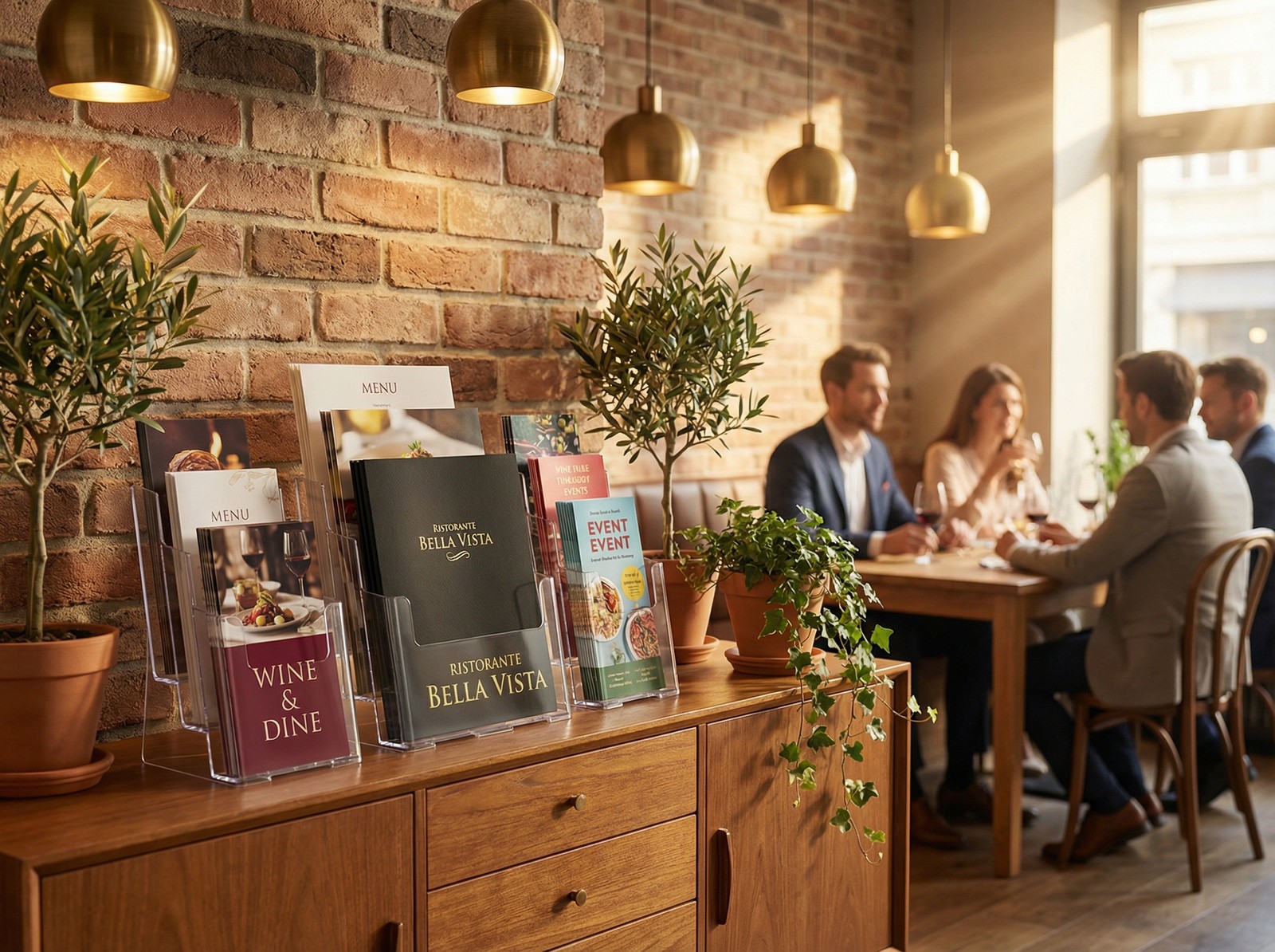 Bedruckte Prospektständer mit Restaurant-Branding im Eingangsbereich eines stilvollen italienischen Restaurants