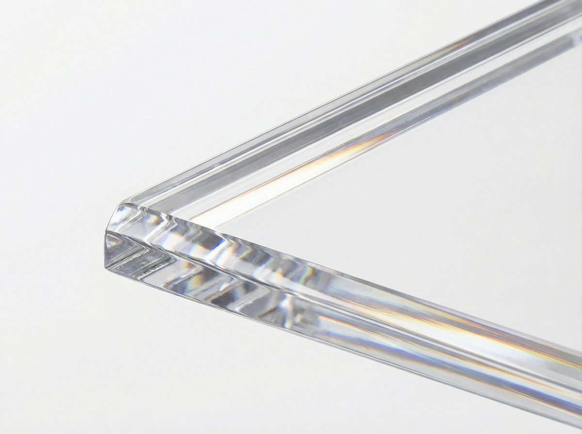 Glasklare Kanten eines PLEXIGLAS® Tischaufstellers in Nahaufnahme