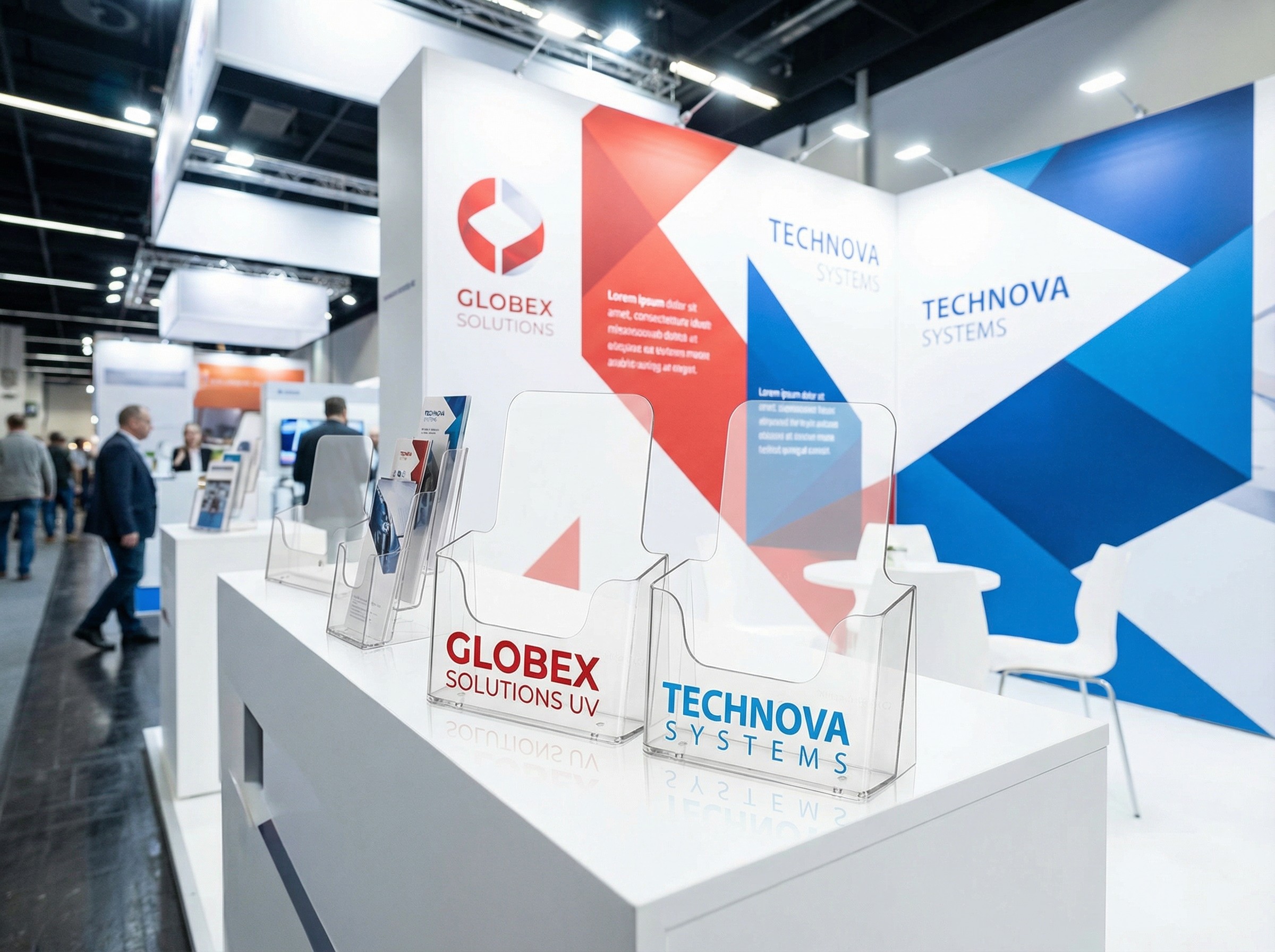 Bedruckte Prospektständer mit Corporate Design auf einem modernen Messestand