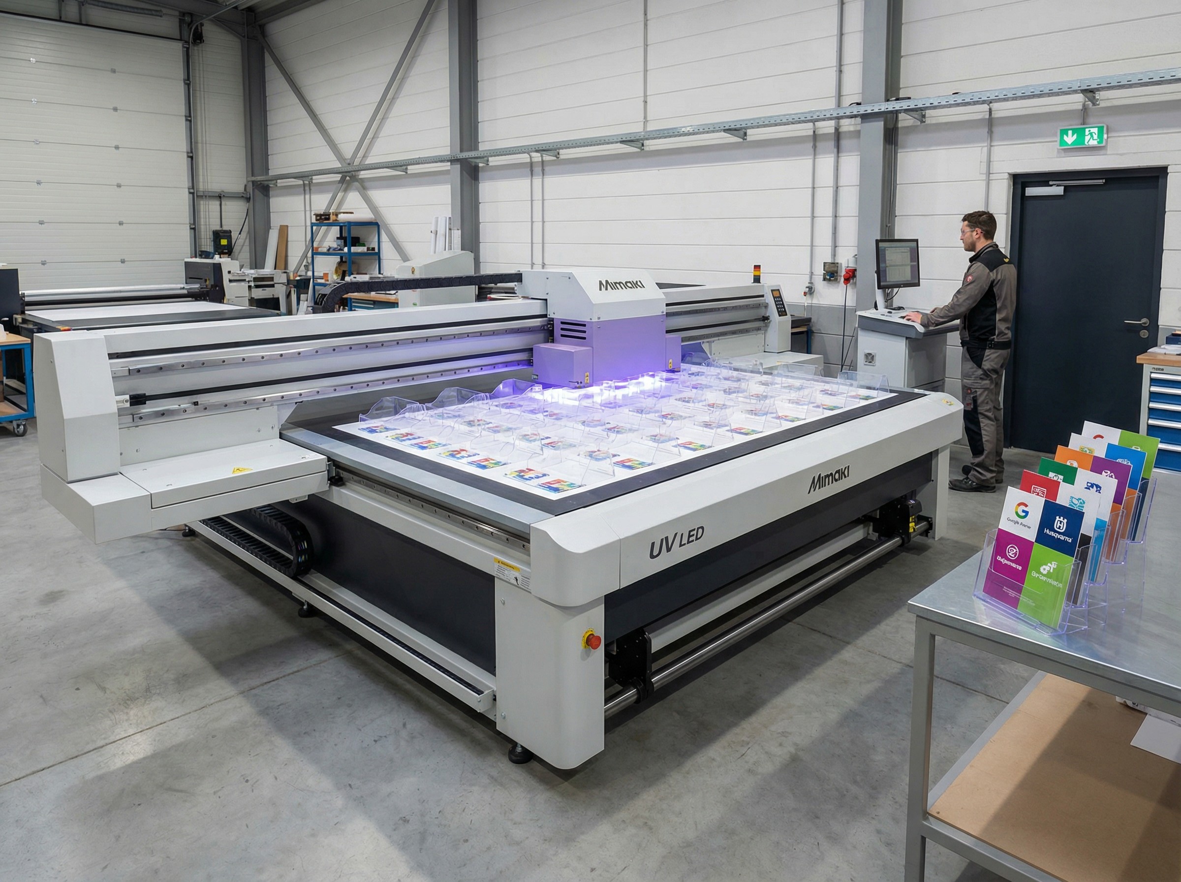 Moderner UV-Flachbettdrucker in einer Druckerei beim Bedrucken von Acrylglas-Displays