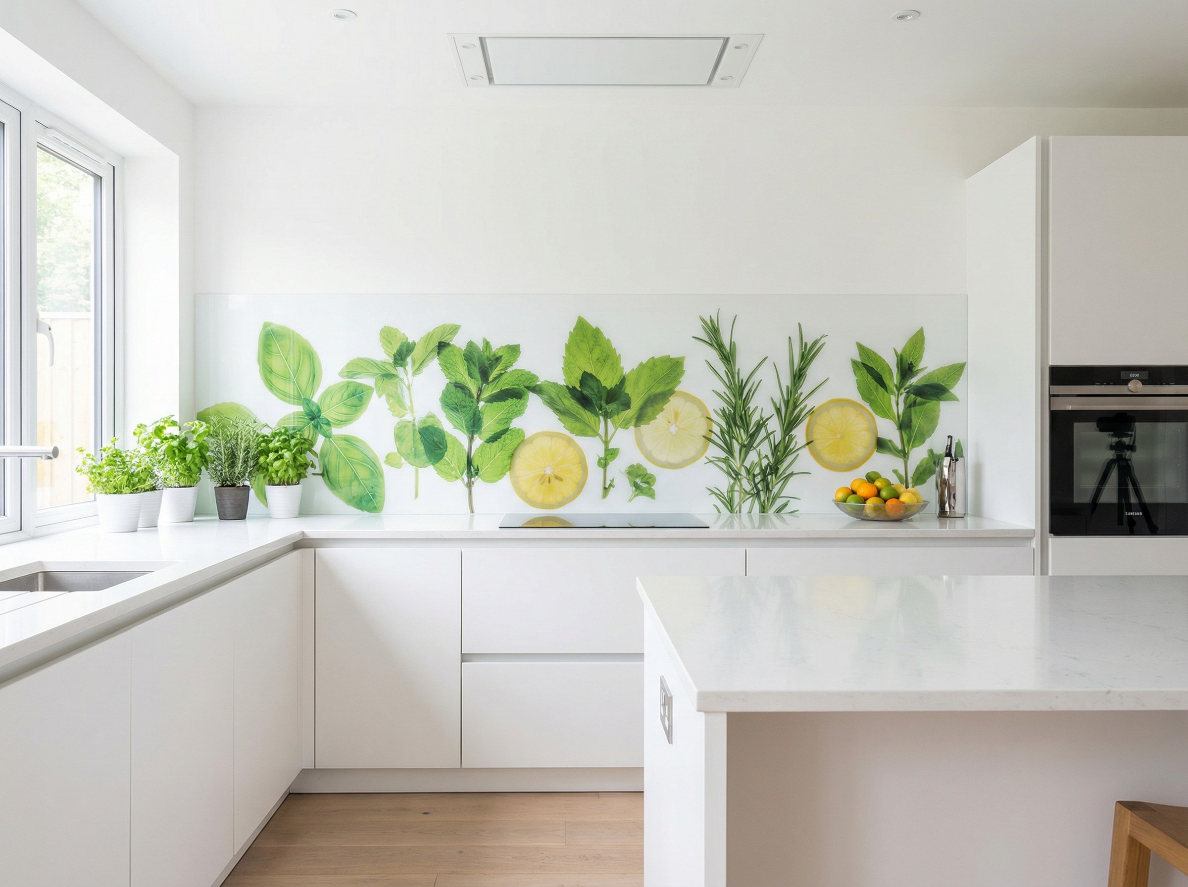 Bedruckte Plexiglas-Küchenrückwand mit Küchenkräuter-Motiv in einer hellen Küche