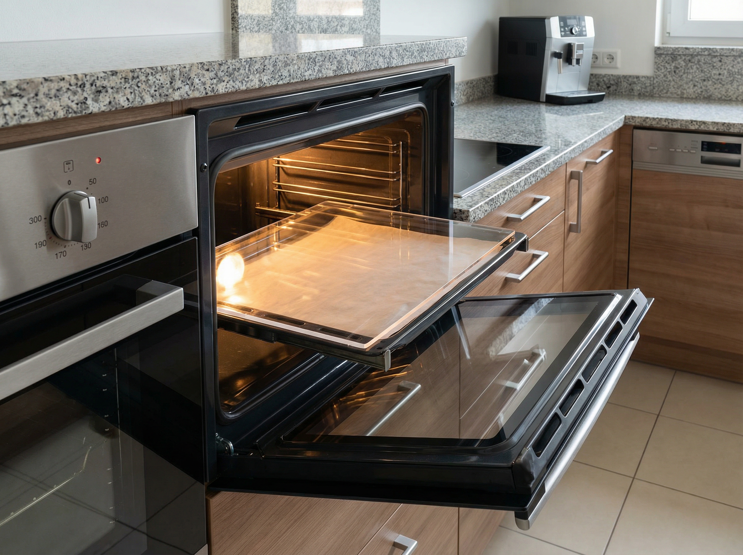 PLEXIGLAS im Backofen biegen: Transparente Acrylglasplatte auf Backblech im geöffneten Ofen bei 170 Grad