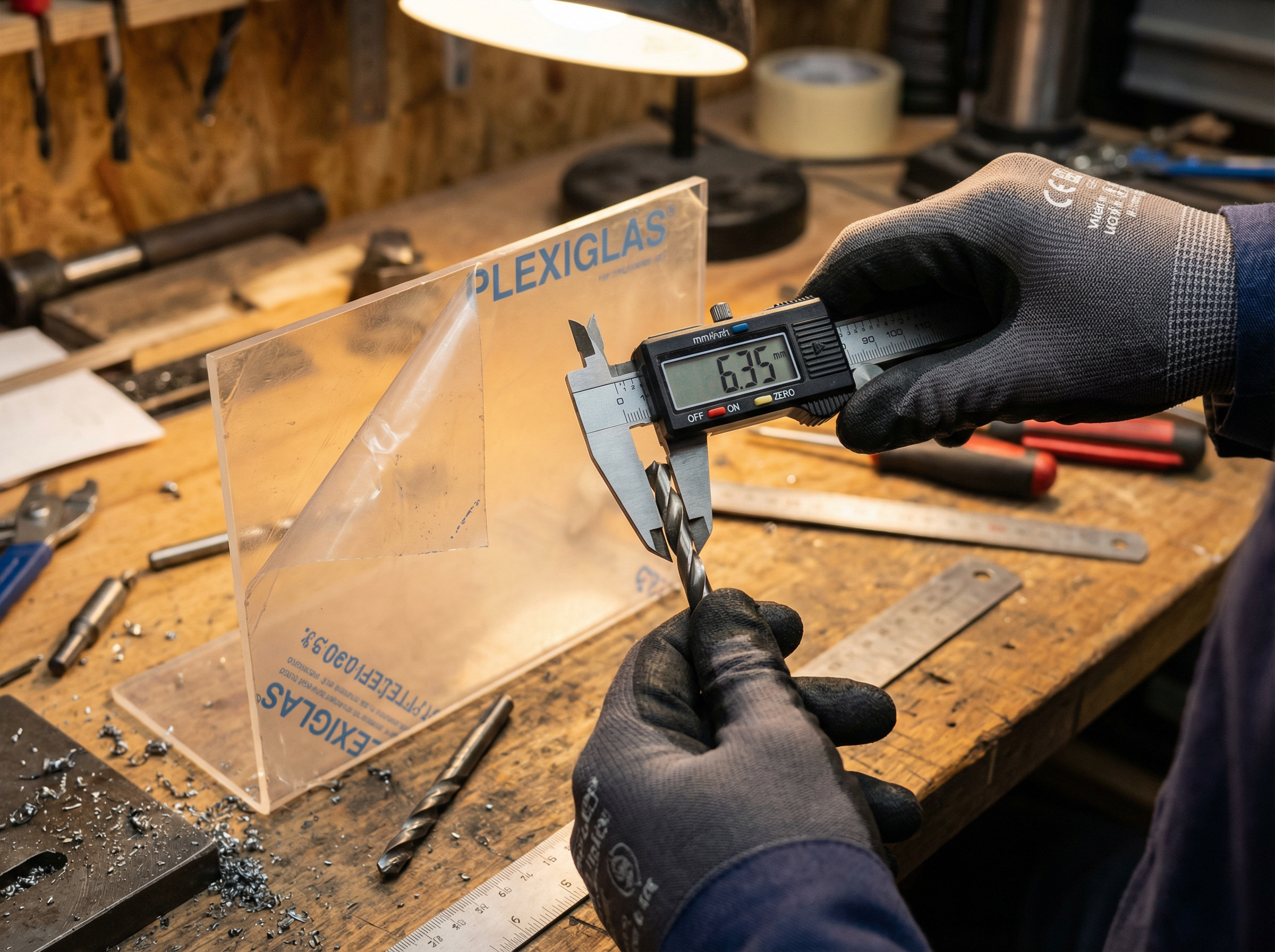 Plexiglas bohren: Bohrerdurchmesser mit Messschieber messen für die Berechnung der optimalen Drehzahl