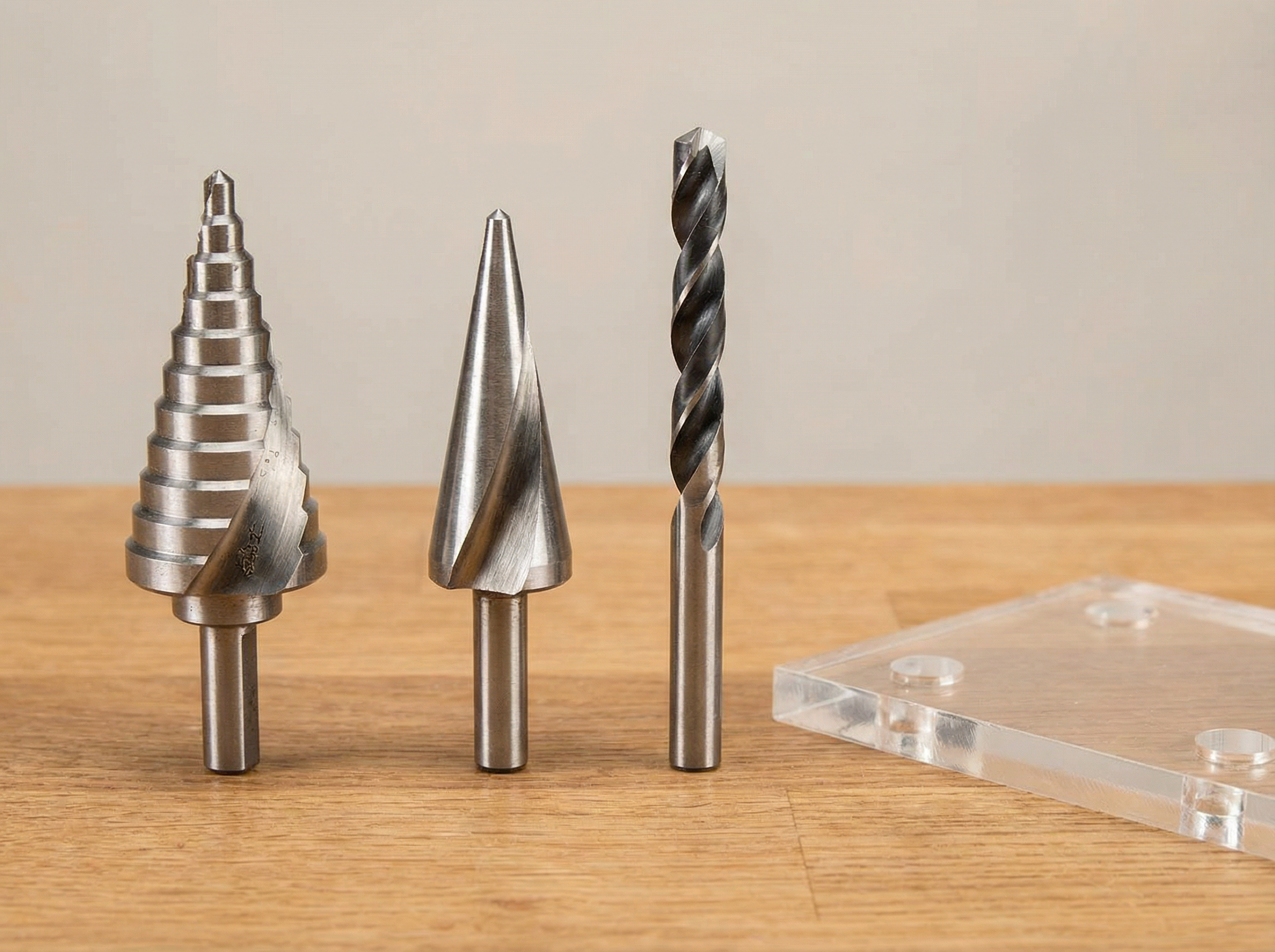 Verschiedene Bohrertypen für Acrylglas: Stufenbohrer, Kegelbohrer und umgeschliffener Spiralbohrer