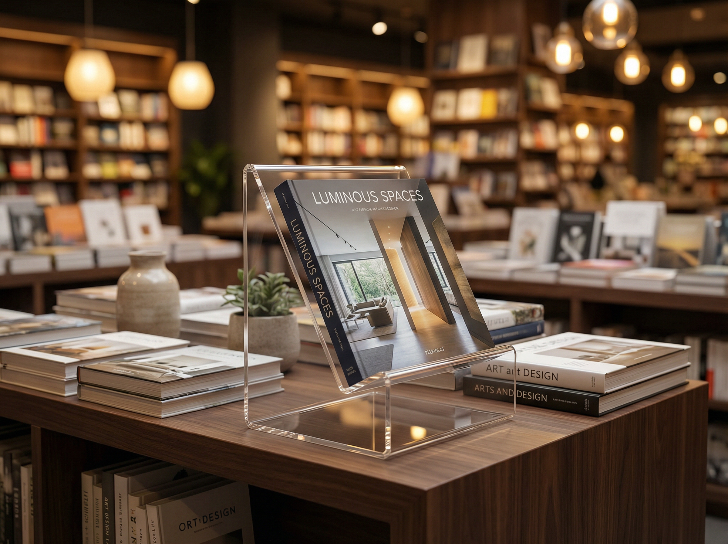 Transparenter Buchständer aus PLEXIGLAS präsentiert einen Bildband in einer modernen Buchhandlung