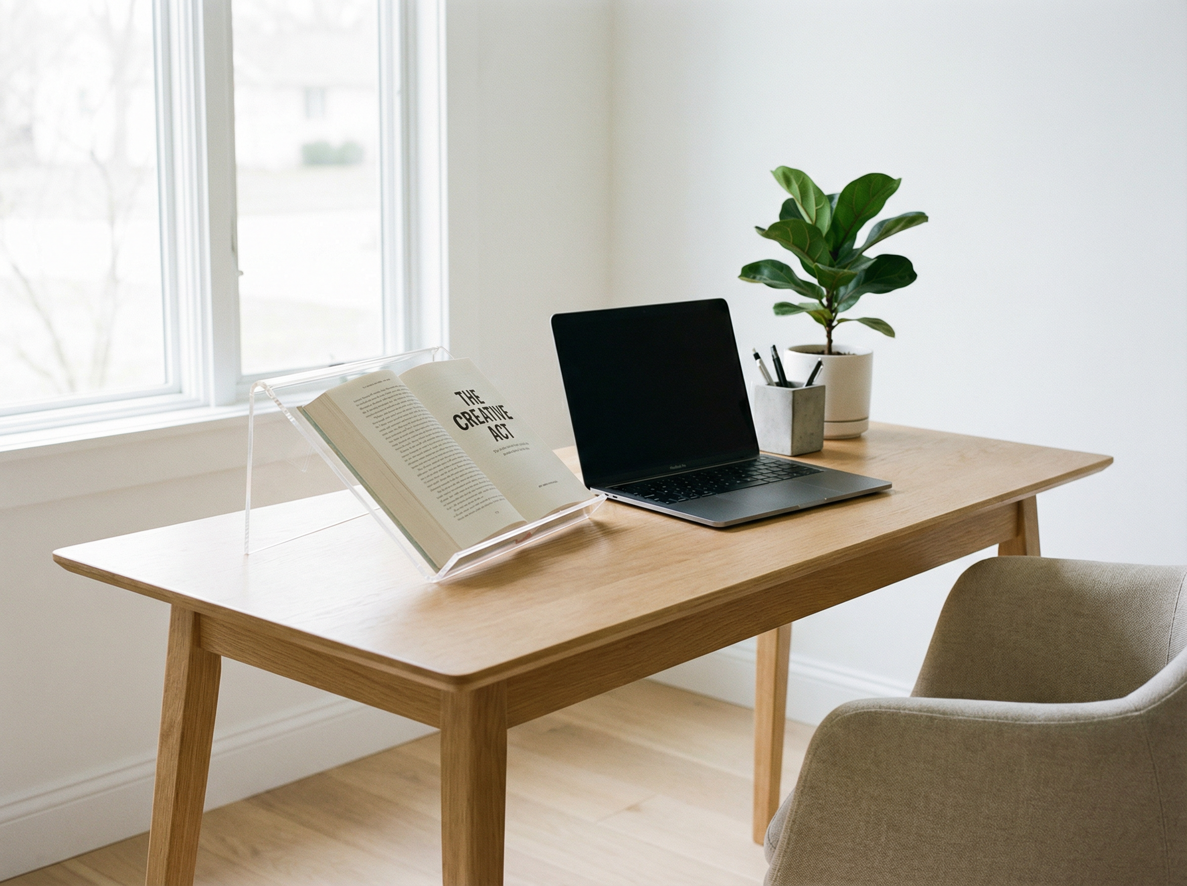 Leseständer aus PLEXIGLAS als ergonomische Lesehilfe am Schreibtisch im Home-Office