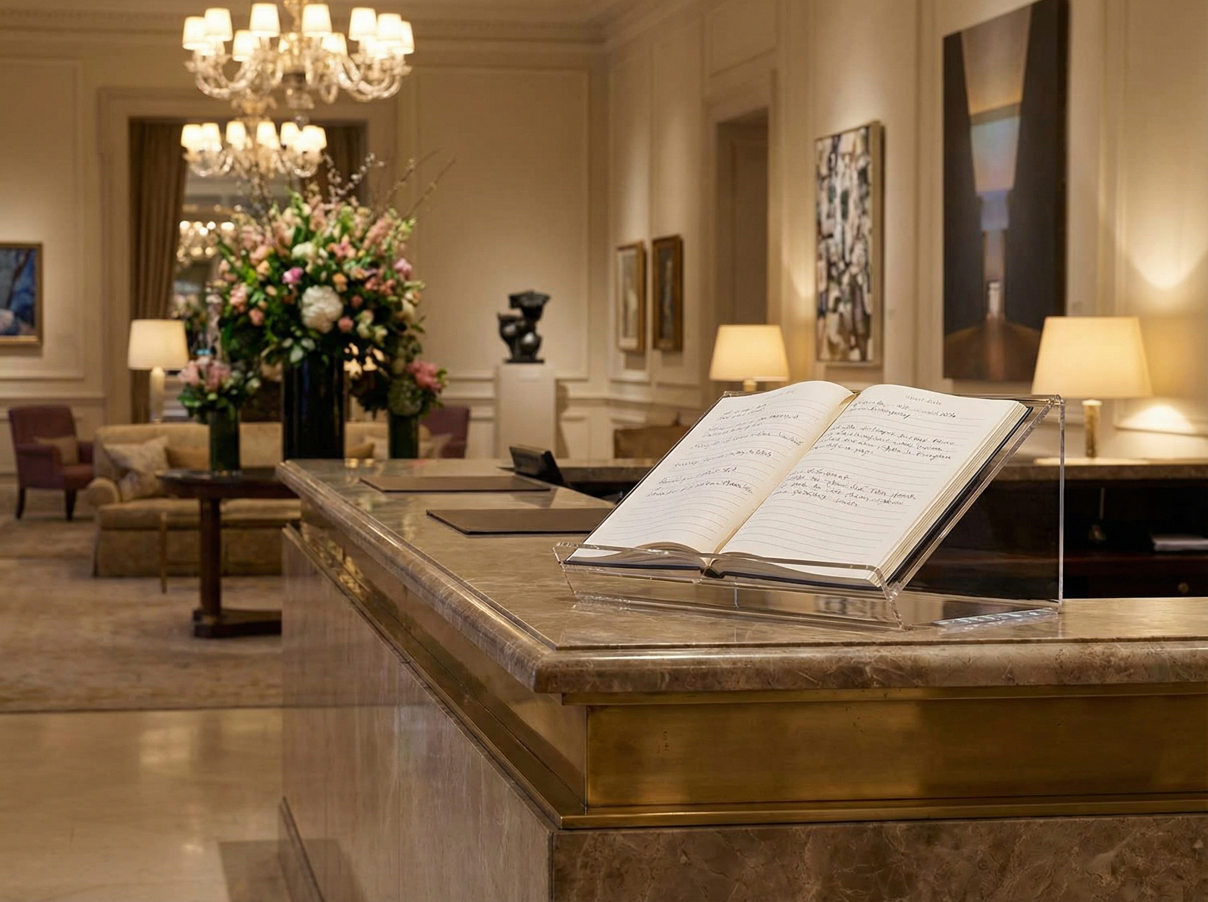 Transparenter Leseständer mit Gästebuch in einer eleganten Hotellobby