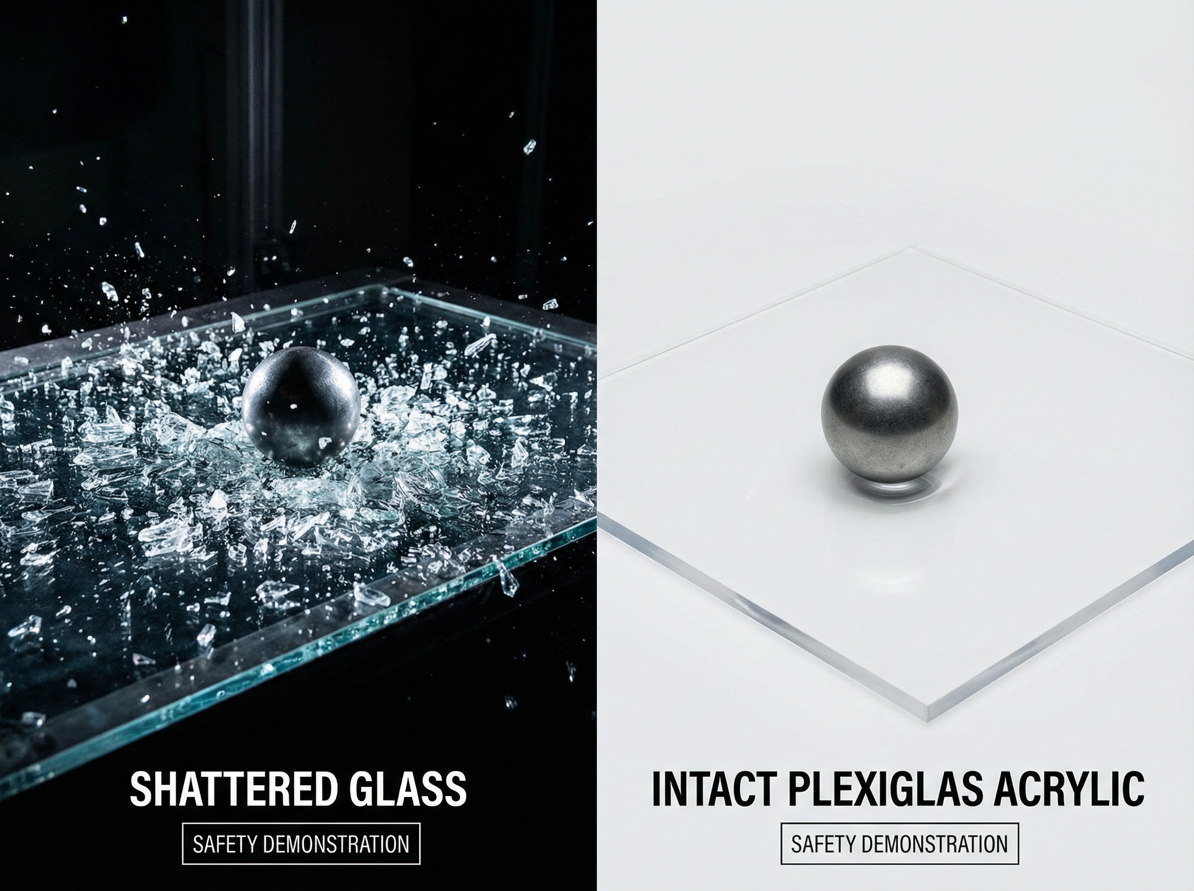 Bruchtest zeigt Schlagfestigkeit von Acrylglas Eigenschaften mechanisch vs. Mineralglas