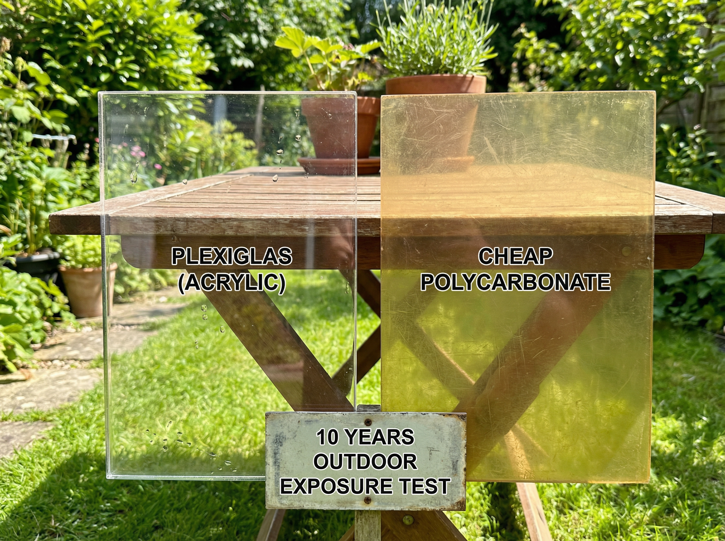 Acrylglas Eigenschaften UV-Test: PLEXIGLAS nach 10 Jahren klar vs. vergilbtes Polycarbonat