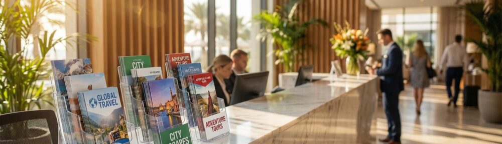Bedruckte Prospektständer in einer eleganten Hotellobby – Lifestyle-Szene
