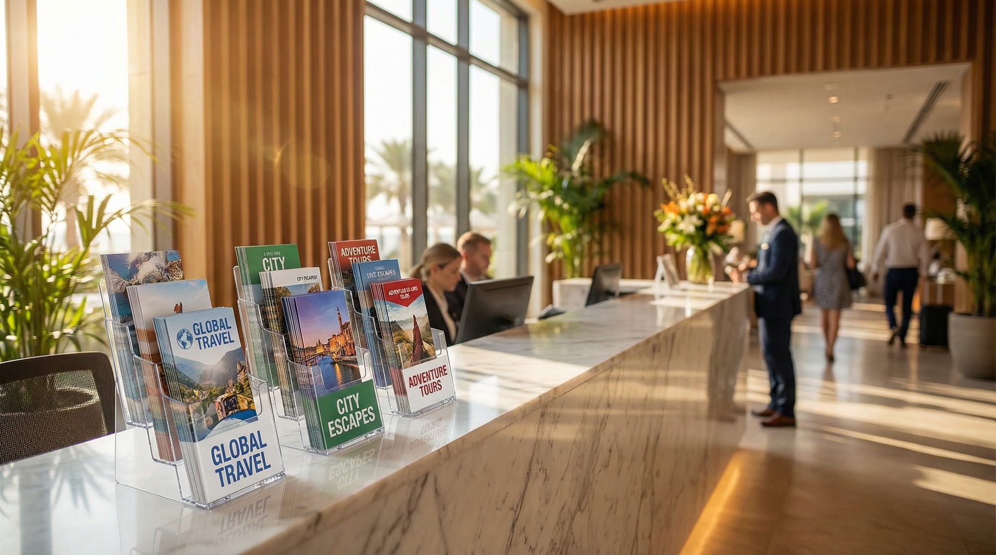 Bedruckte Prospektständer in einer eleganten Hotellobby – Lifestyle-Szene