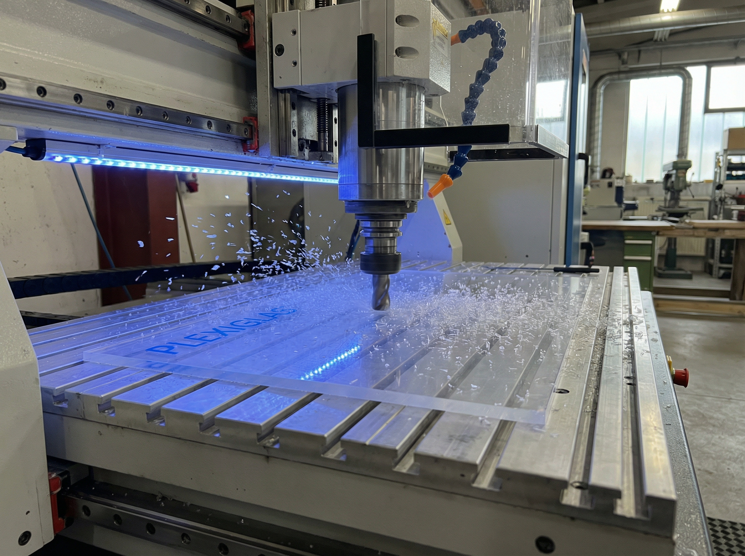 CNC-Fräse mit Einzahnfräser bearbeitet transparente Acrylglasplatte präzise