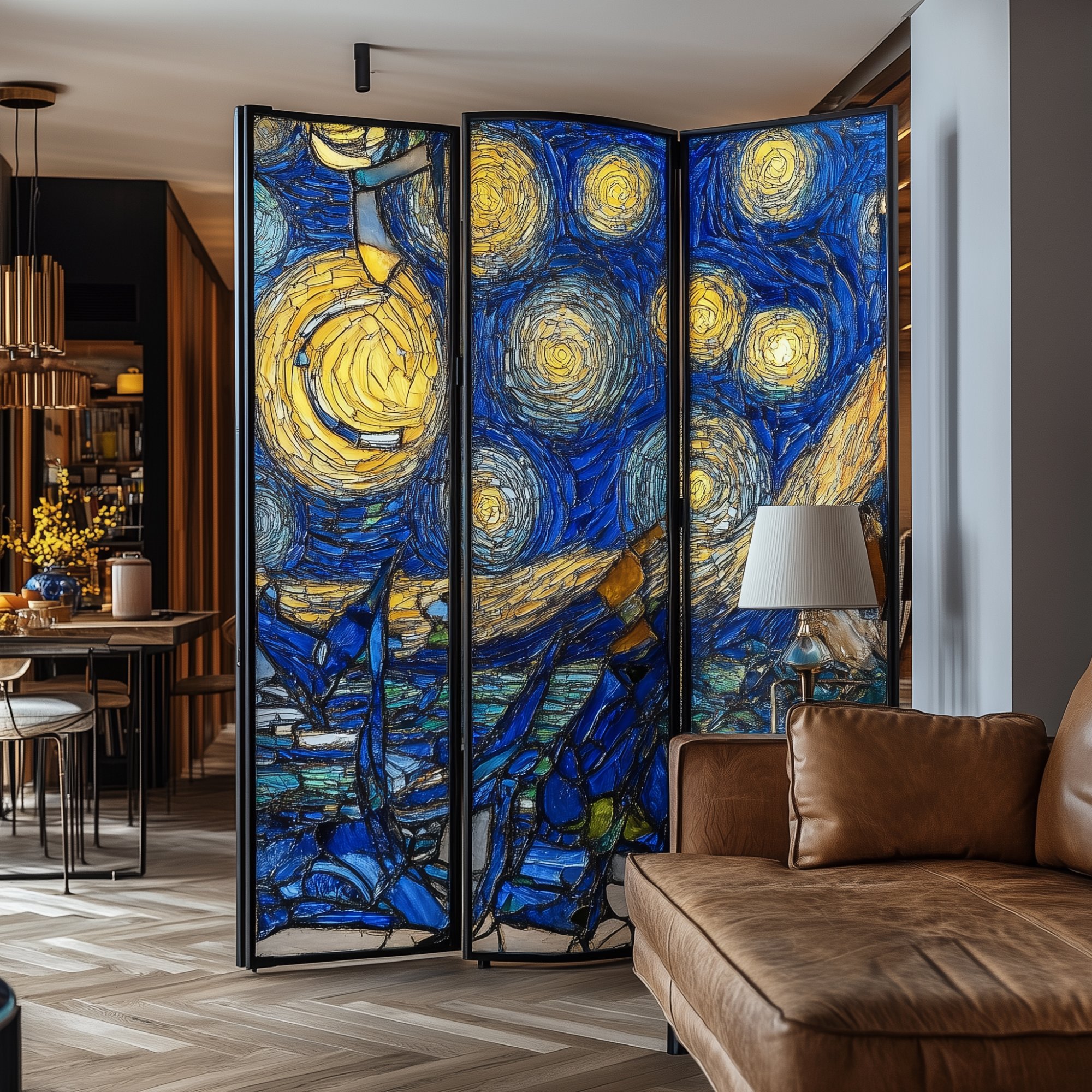 Kunstvoller Raumteiler aus bedrucktem Acrylglas