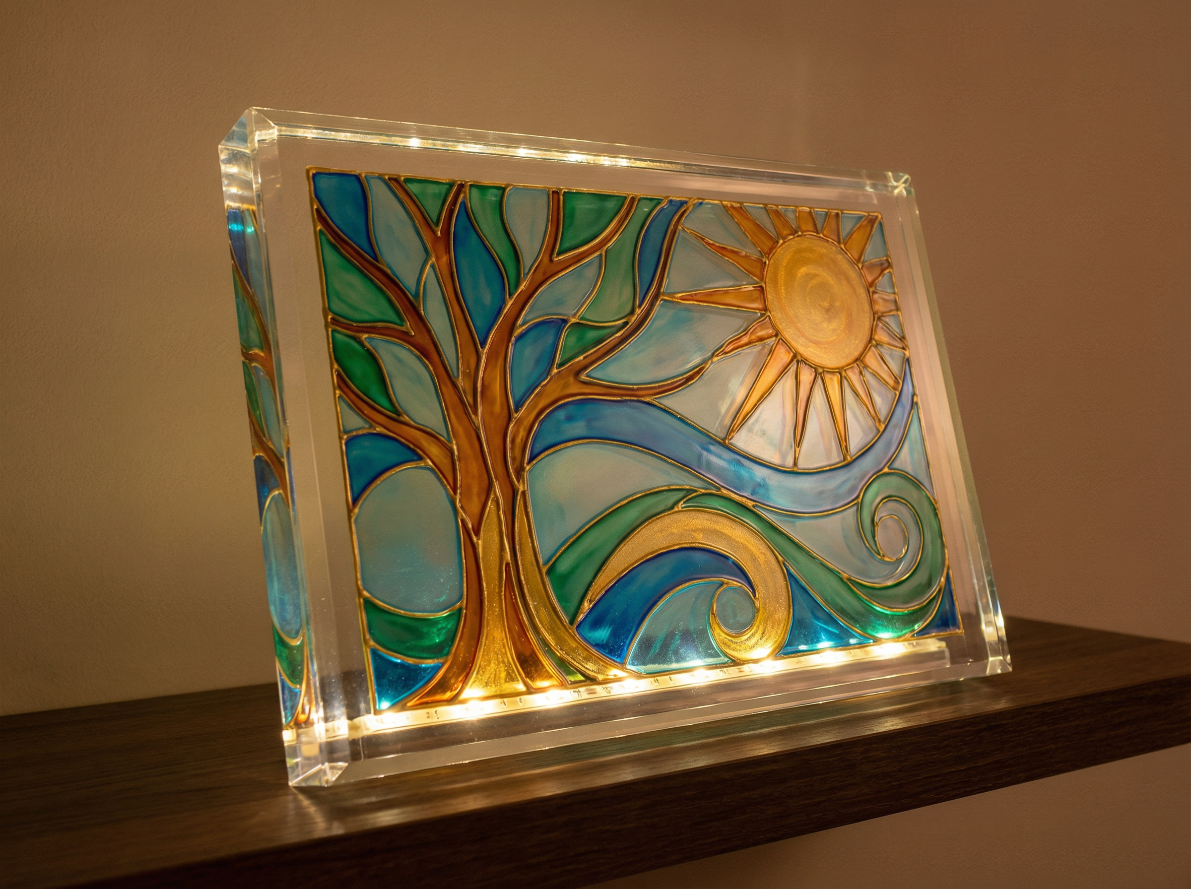 Glasmalerei-Platte aus Plexiglas mit Baum-und-Sonne-Motiv und LED-Kantenbeleuchtung auf dunklem Holzregal