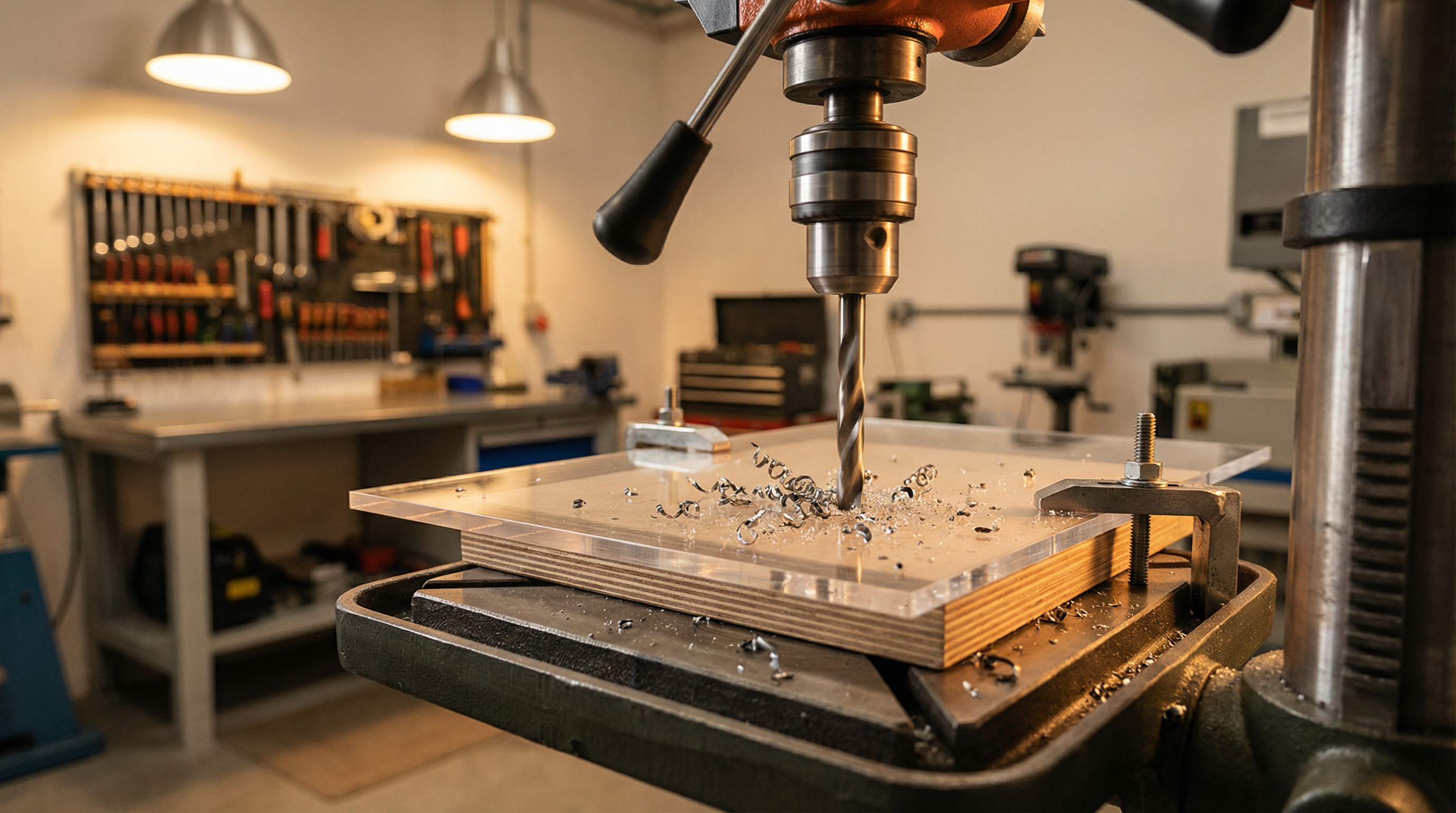 Plexiglas bohren auf einer Ständerbohrmaschine mit sauberer Spanbildung und korrekter Einspannung