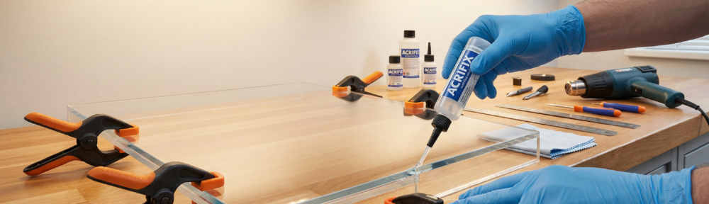 ACRIFIX Klebstoff auftragen auf PLEXIGLAS Kante mit Applikator