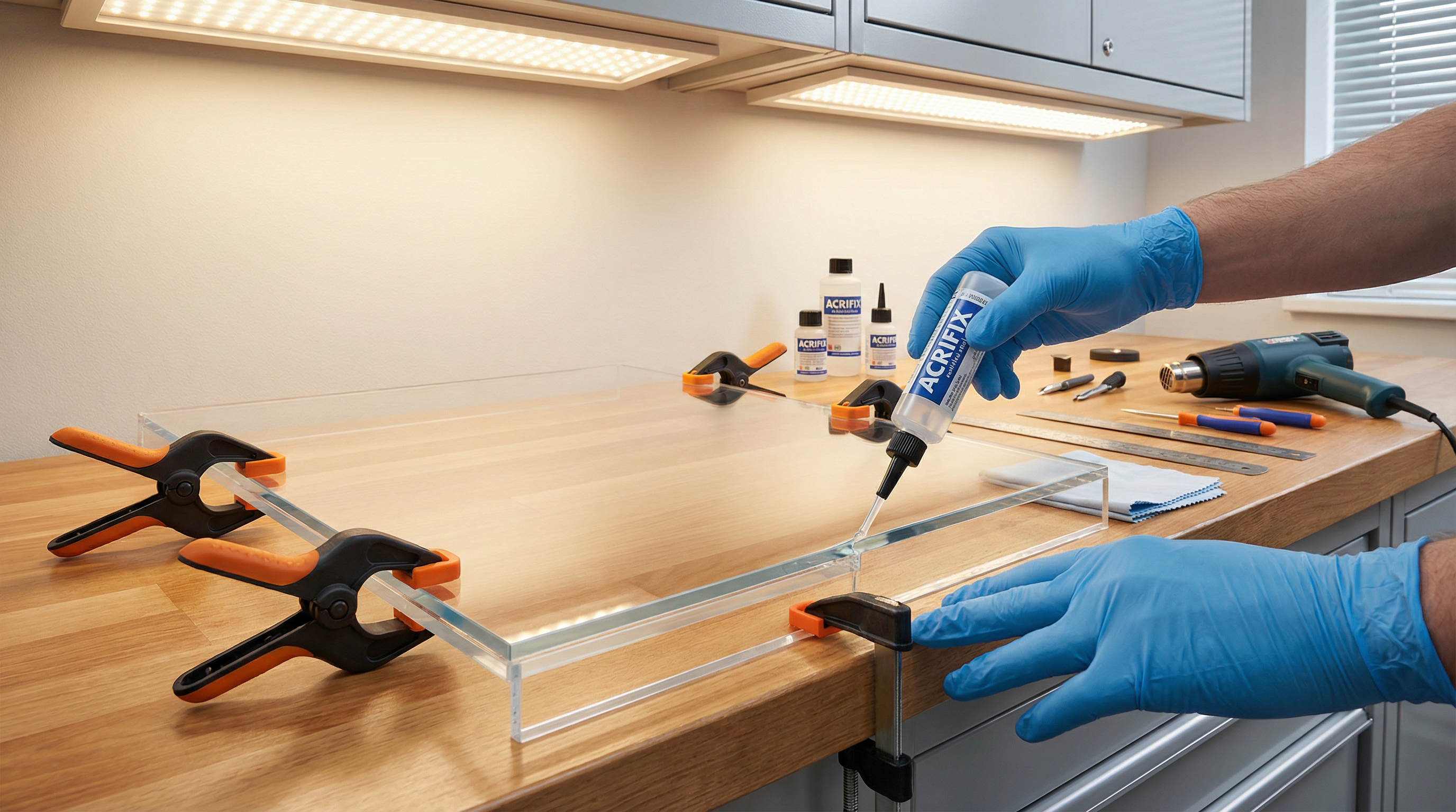 Plexiglas kleben – Acrylglas-Kantenverklebung mit ACRIFIX Klebstoff in professioneller Werkstatt