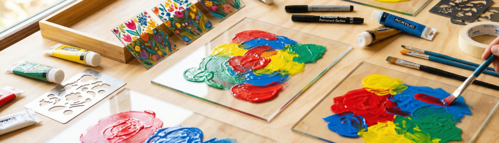 Kreative Werkstatt mit bunt bemalten Plexiglas-Platten und Malutensilien