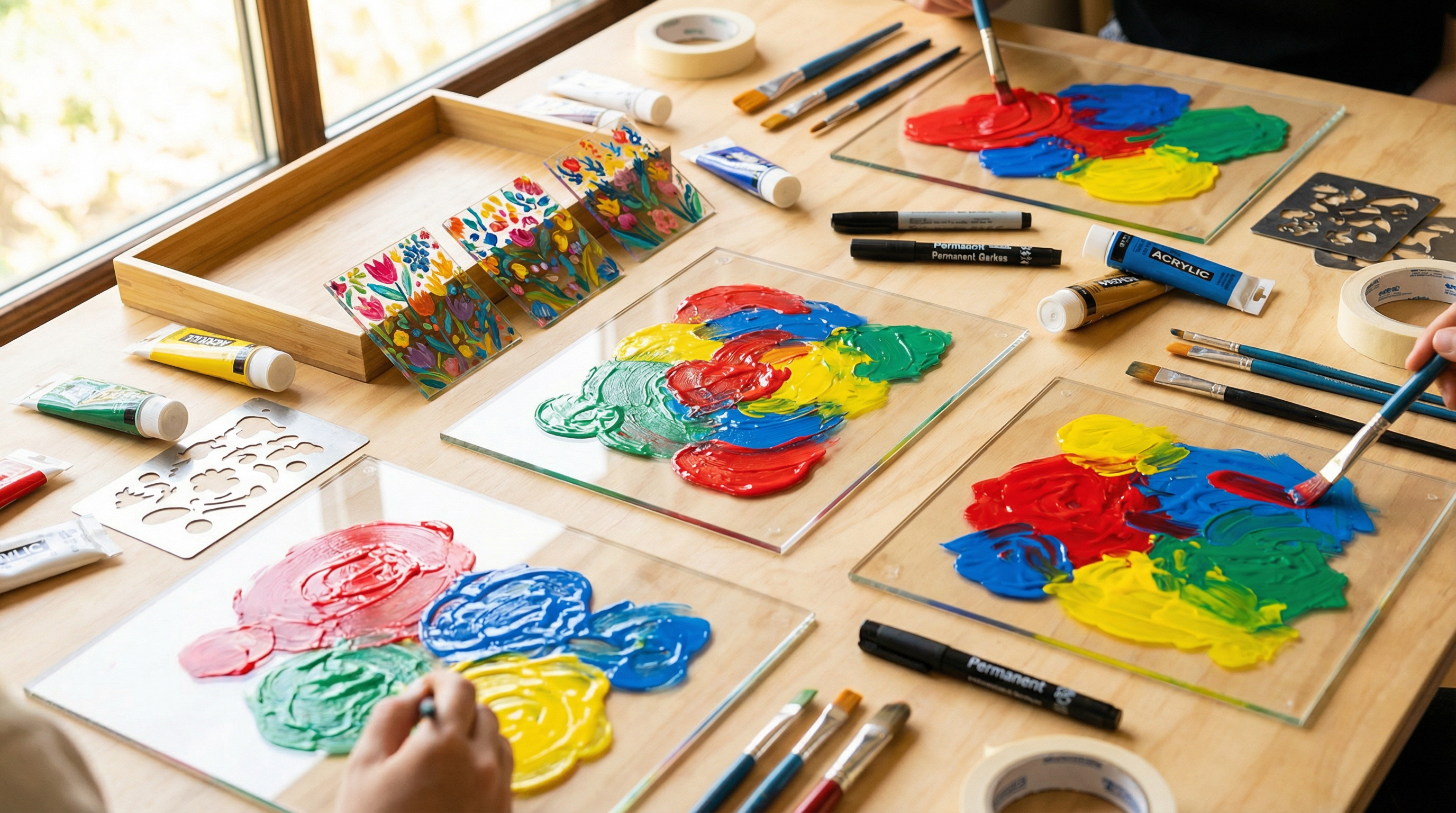 Kreative Werkstatt mit bunt bemalten Acrylglas-Platten, Pinseln und Acrylfarben