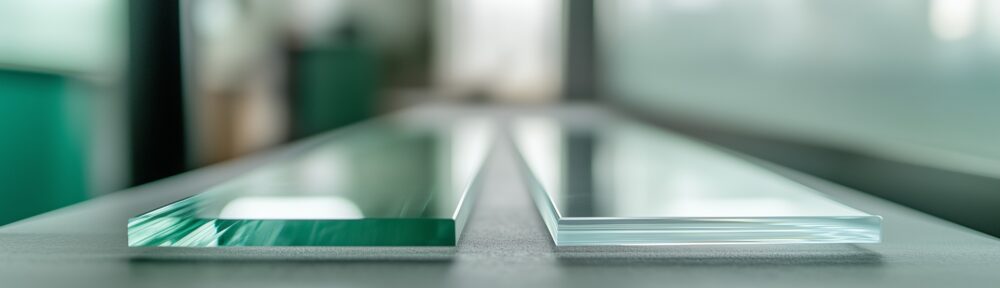 PLEXIGLAS und Glas im Vergleich – zwei transparente Materialplatten nebeneinander auf einer Werkbank