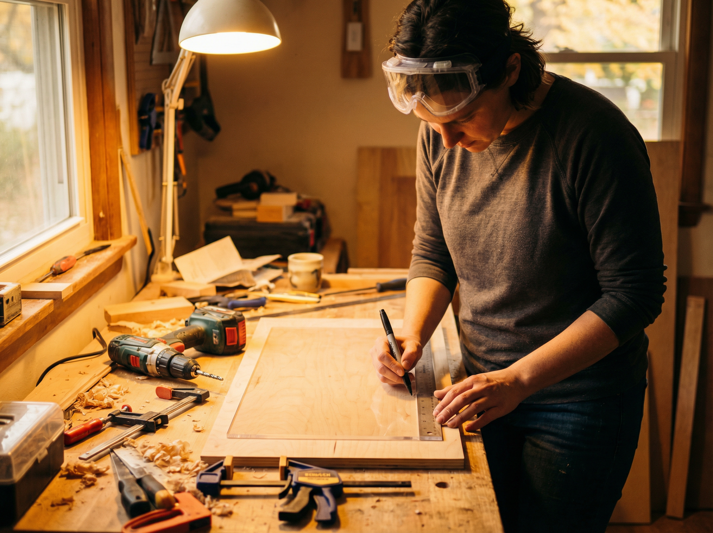 Acrylglas bearbeiten: DIY-Heimwerker markiert PLEXIGLAS-Platte mit Lineal und Marker