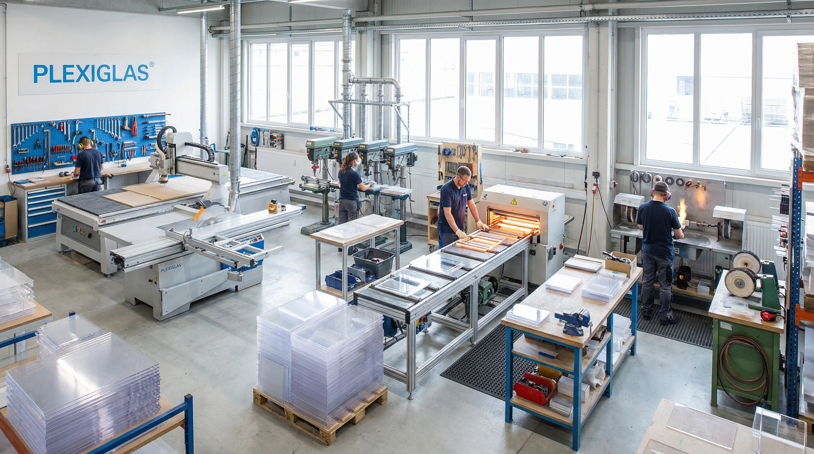 Acrylglas bearbeiten: Werkstatt mit PLEXIGLAS-Platten und verschiedenen Bearbeitungsstationen