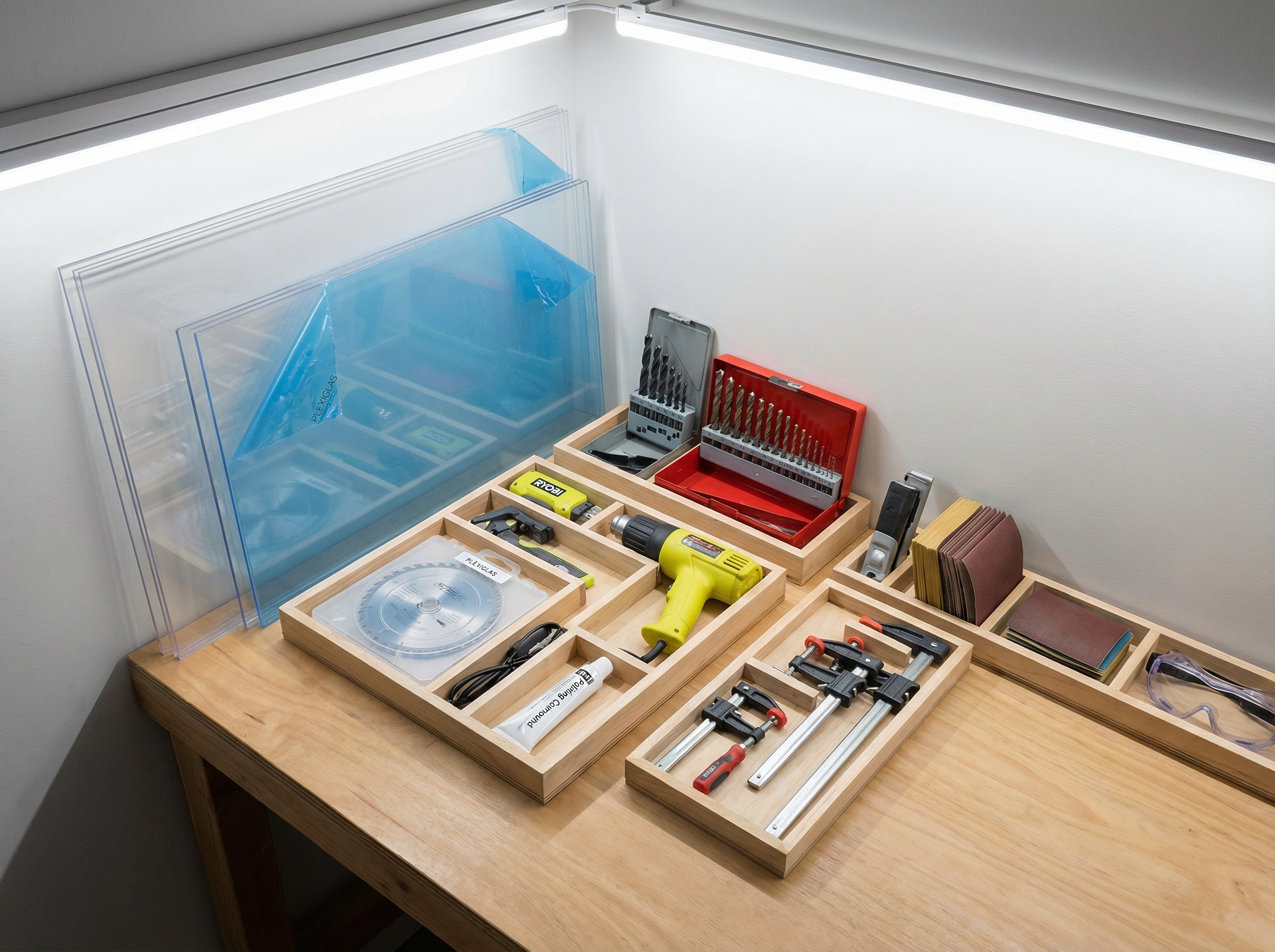 Werkstatt mit PLEXIGLAS-Platten und Werkzeug zum Acrylglas bearbeiten auf Werkbank