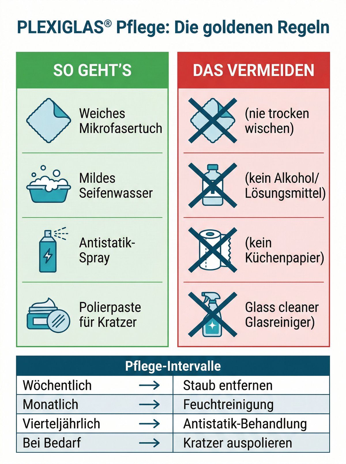 Infografik: PLEXIGLAS® Pflege – Die goldenen Regeln mit Do's und Don'ts