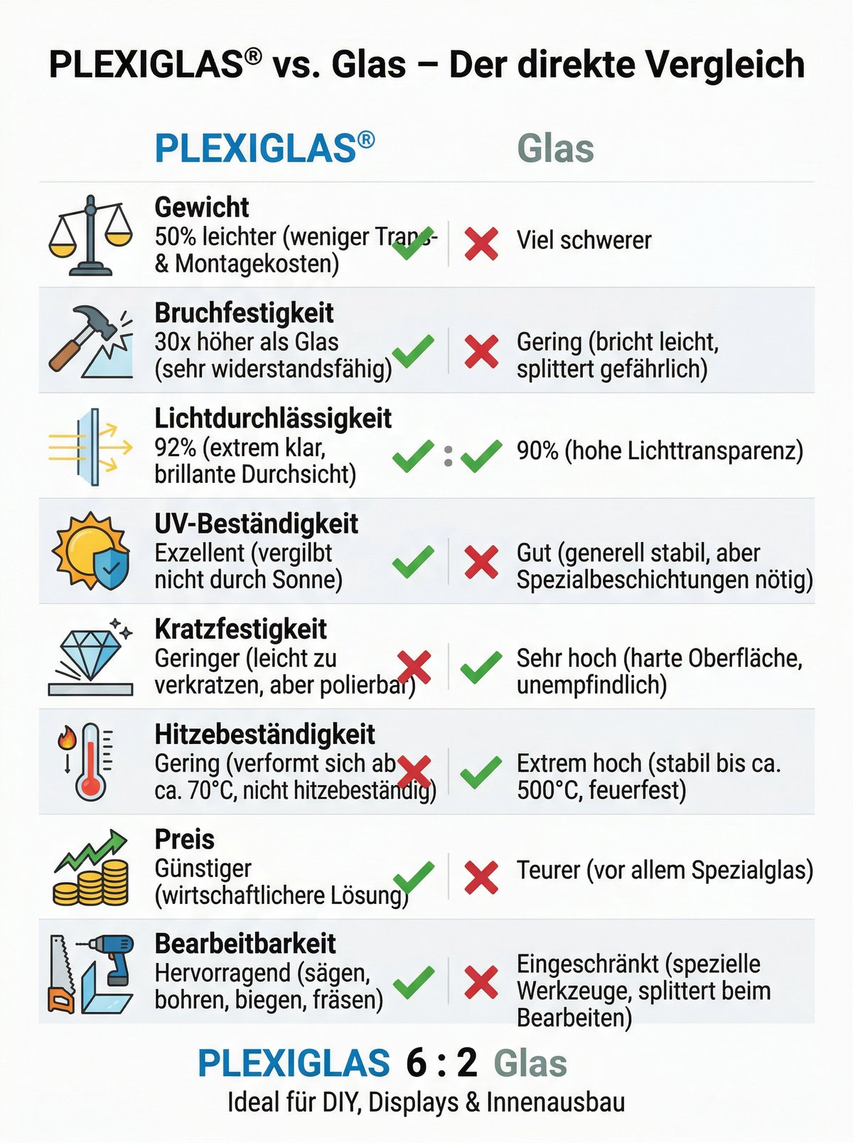Infografik: PLEXIGLAS® vs. Glas – Der direkte Vergleich mit 8 Kriterien