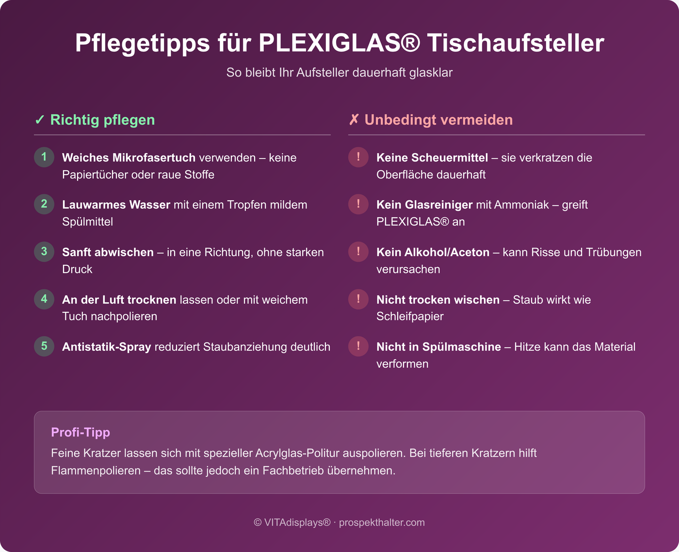 Pflegetipps für Tischaufsteller aus PLEXIGLAS® – Dos and Don'ts