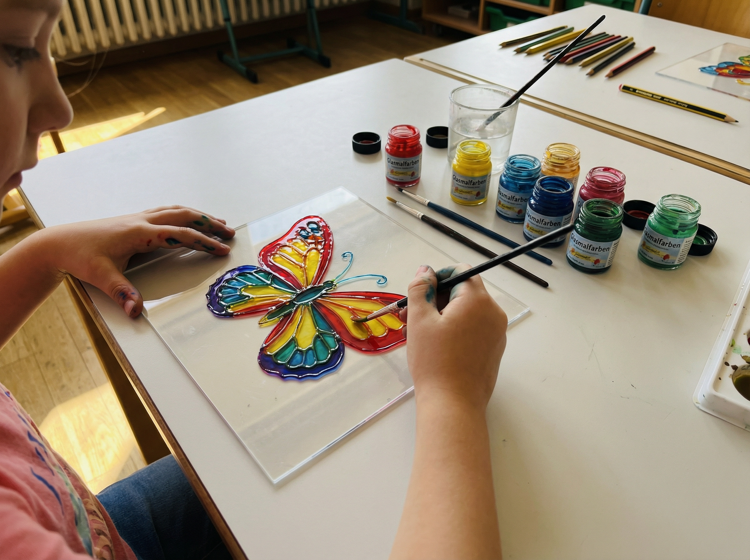Kind bemalt eine transparente Plexiglas-Platte mit Glasmalfarben im Schmetterling-Motiv im Kunstunterricht